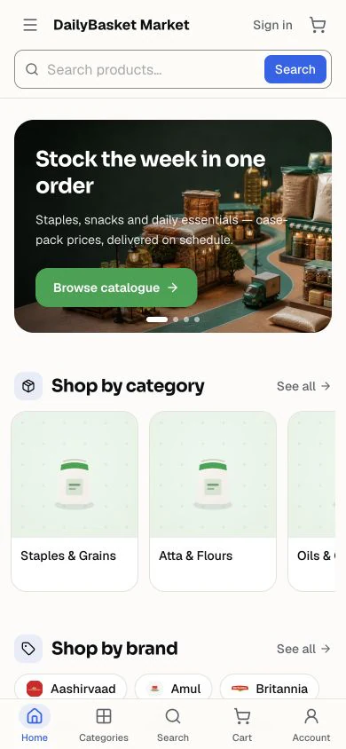 Live Slaby grocery storefront with an app-like mobile navigation
